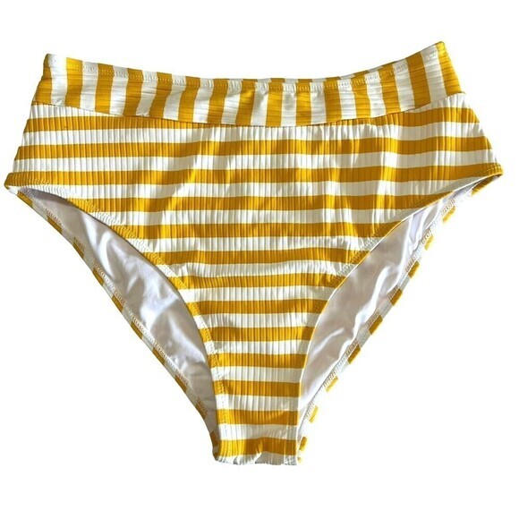 CUPSHE Swim Bottoms Size L Yellow and‎ White Striped High Waisted Textured - Picture 1 of 14